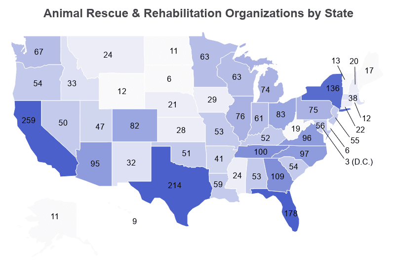 National Map: Animal Rescue & Rehabilitation Organizations by State